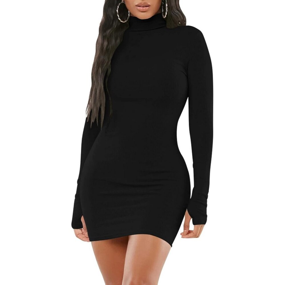 Women's Long Sleeve Mock Neck Black Cocktail Pencil Mini Bodycon Night Dresses - Picture 1 of 5